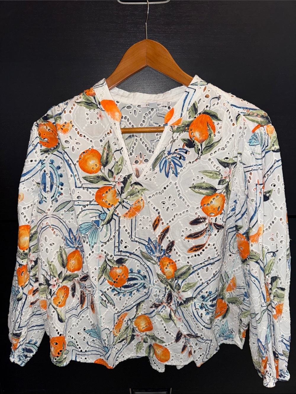 Chico's White Eyelet Blouse with Orange and Green Fruit Print